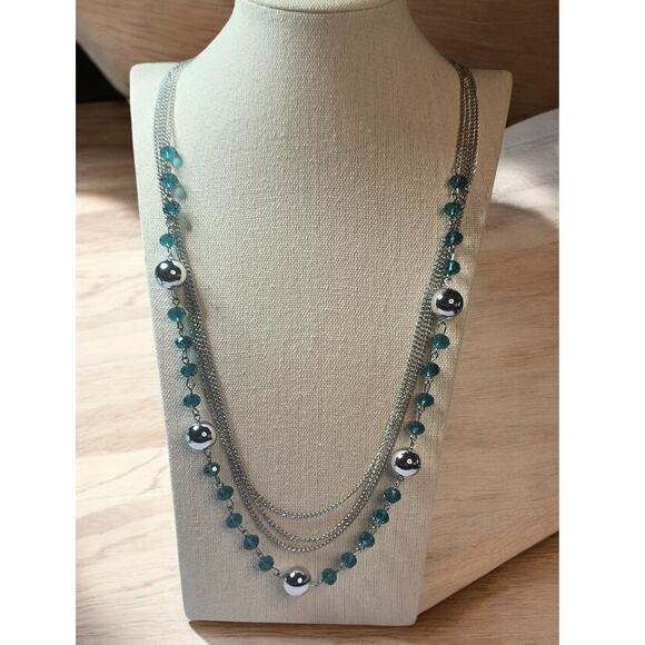 Beautiful Blue Clear & Silver Beads Multistrand Silver Tone Necklace - Picture 3 of 4